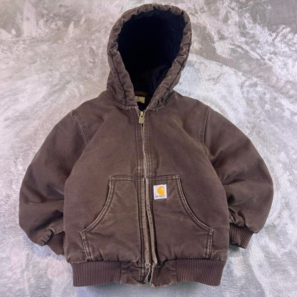 Carhartt Active Duck Canvas Quilted Lined Hooded Jacket Kids XS Brown